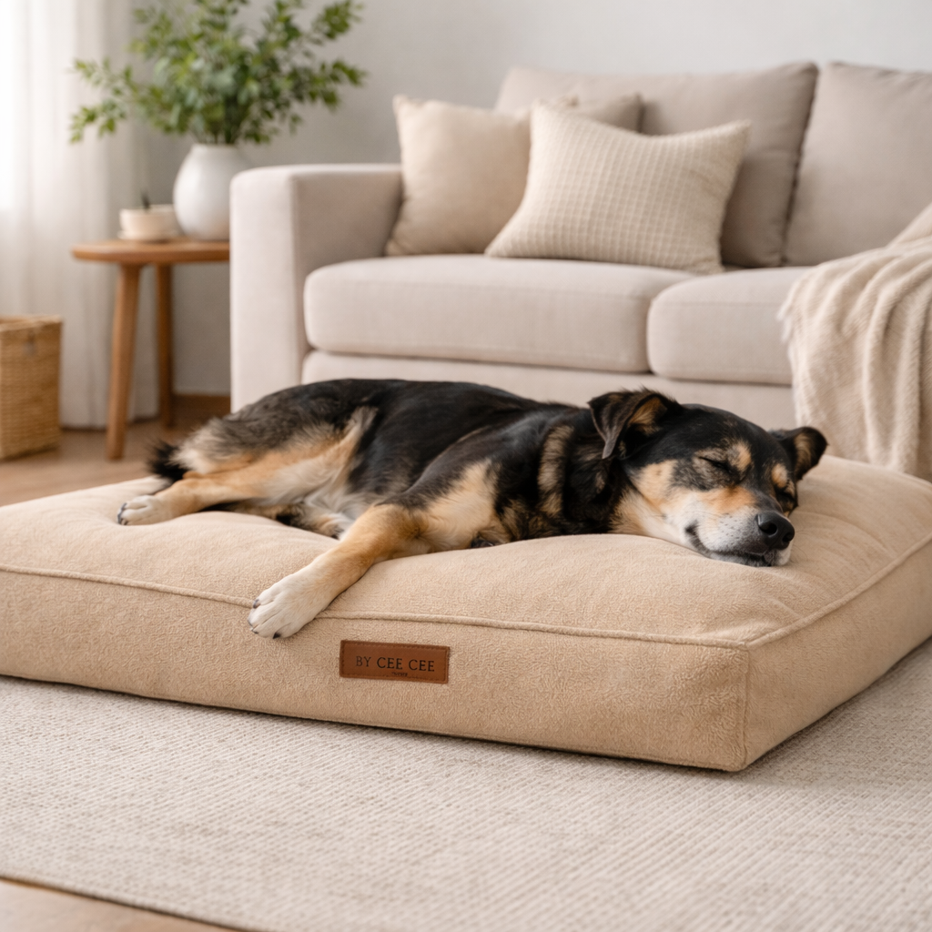 Hond ligt, Orthopedische mand, woonkamer kussen. 