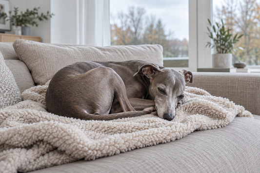 Italiaans windhondje ligt opgerold op een zachte hondendeken in een lichte woonkamer
