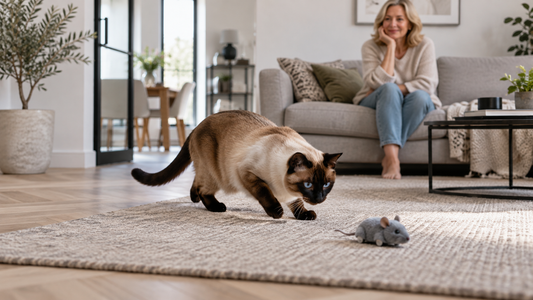Siamese kat besluipt een grijze speelgoedmuis op een vloerkleed in de woonkamer