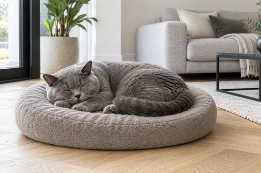 Blauwe Britse korthaar slaapt op een taupekleurig kattenkussen in een lichte woonkamer