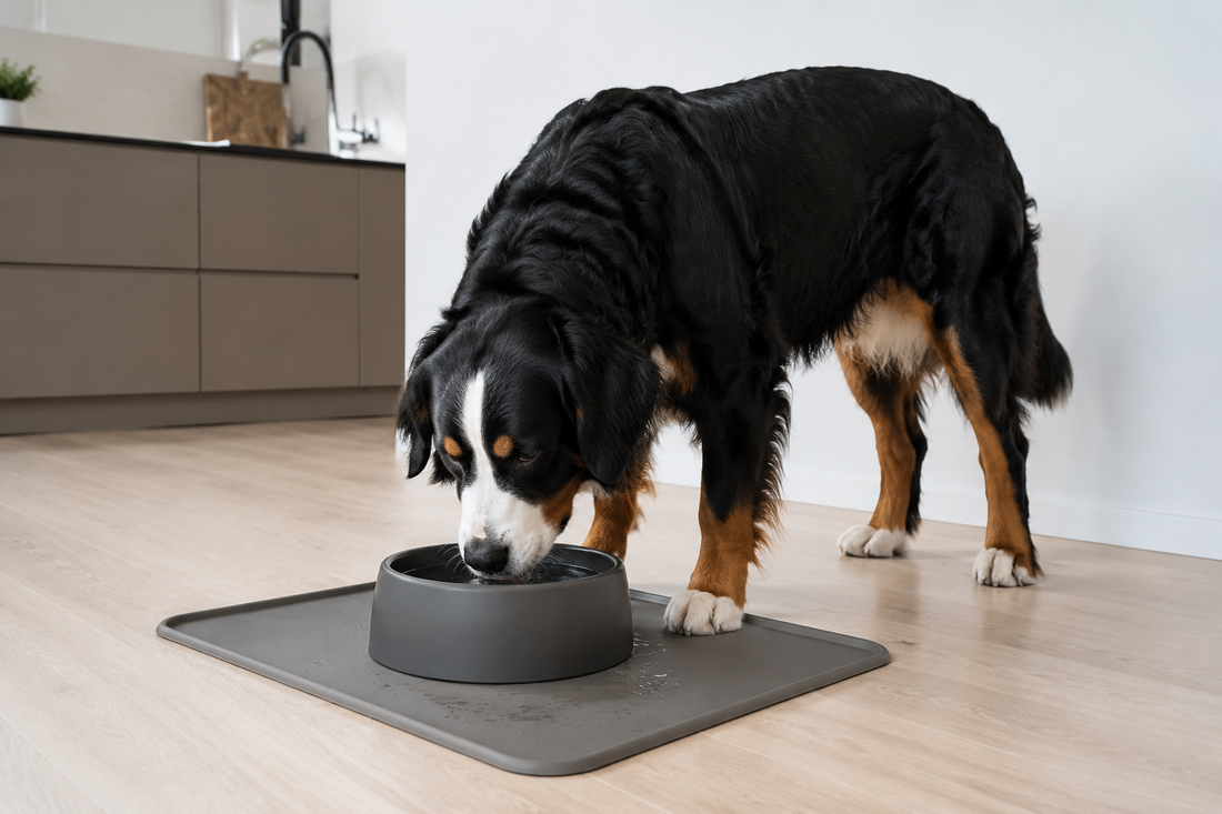 Berner Sennenhond drinkt uit een stabiele waterbak op een siliconen anti-knoeimat
