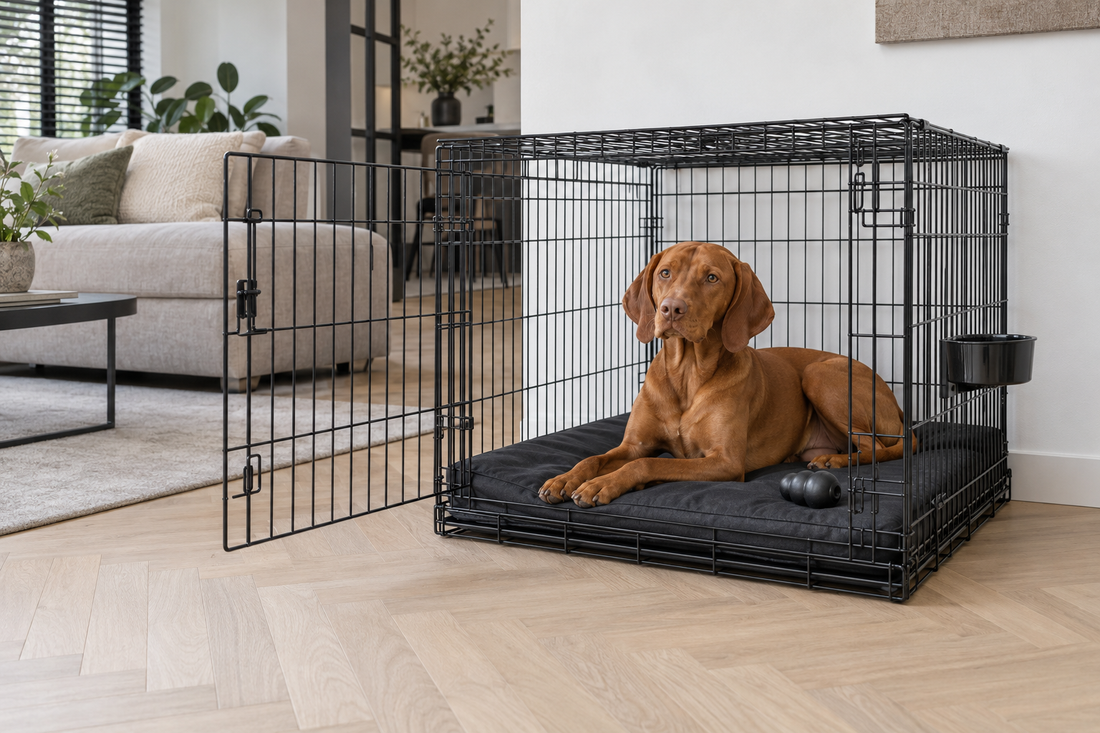 Vizsla ligt op een zwart benchkussen in een open hondenbench in de woonkamer