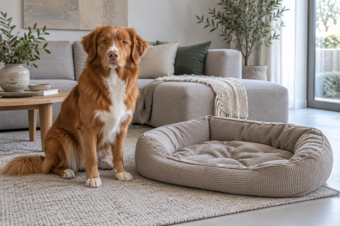 Nova Scotia Duck Tolling Retriever Cooper zit naast een zichtbaar ingezakte hondenmand