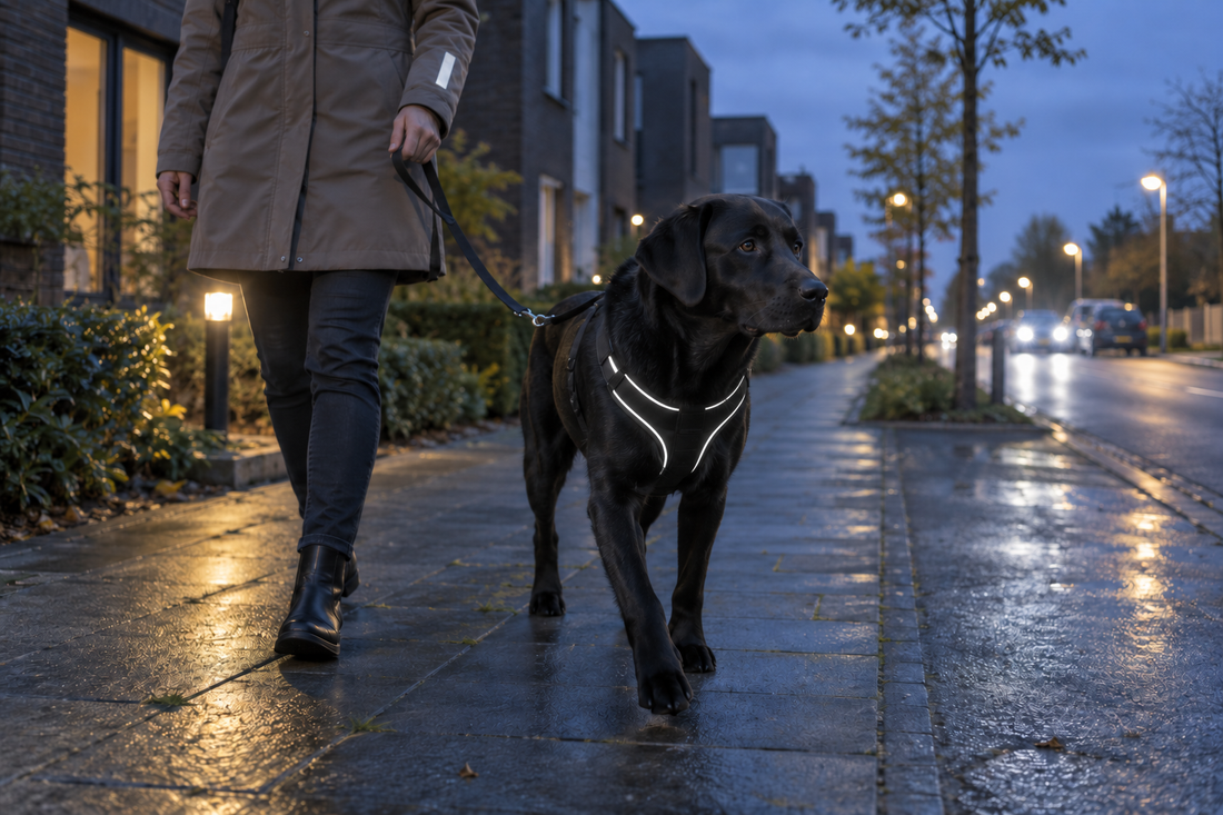 Zwarte labrador met reflecterend tuig wandelt aangelijnd op een verlicht trottoir in het donker