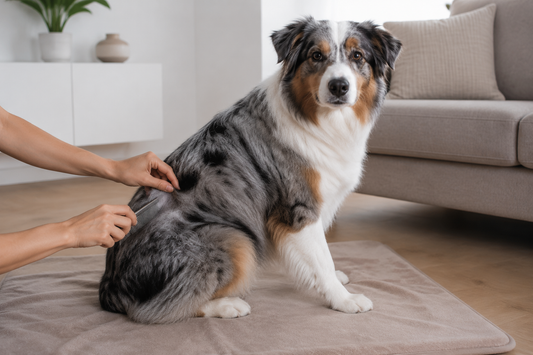Australian Shepherd die thuis rustig met een fijne vlooienkam wordt gecontroleerd