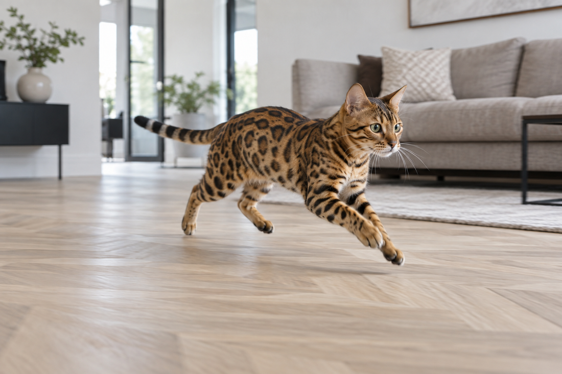 Bengaalse kat rent tijdens een korte zoomie door een ruime woonkamer