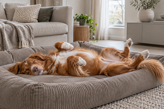 Nova Scotia Duck Tolling Retriever slaapt ontspannen op zijn rug in een ruime taupekleurige hondenmand