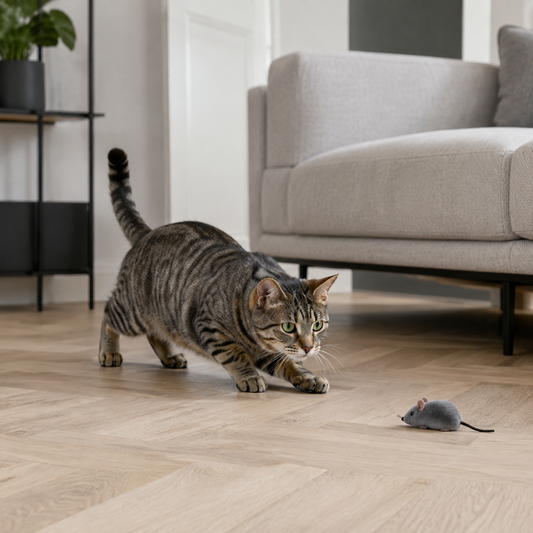 Gestreepte kat besluipt een grijze speelgoedmuis in een moderne woonkamer