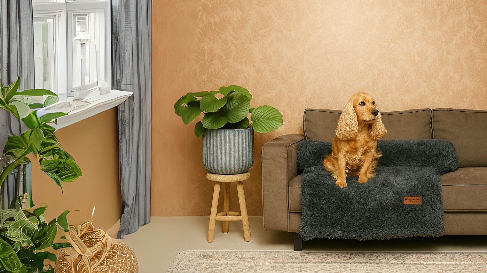 cocker spaniel, luxe hondenkleed, zachte hondendeken, hondenmeubel, comfortabele hondenbank, stijlvolle woonkamer, Baby Coco and Nuts, grijze hondenplaid, interieur met planten, kleine honden